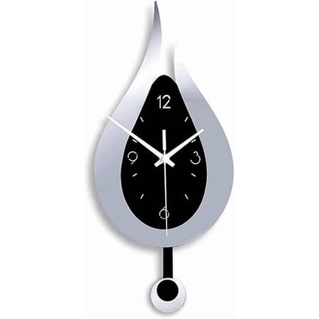 20.4 Inch Large Silent Modern Decoration Wall Clock with Pendulum Arabic Numerals Water Drop Battery Operation for Home Living Room Bedroom(Silver+Black)