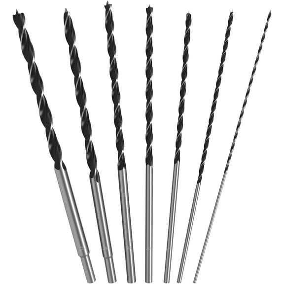 TMWEFUSC 7Pcs Brad Point Wood Drill Bit Set 12 Inch Imperial High Speed Steel Round Shank Extra Long Woodworking Drill Bit 1/8 3/16 1/4 5/16 3/8 7/16 1/2 Inch for Hardwood Plastic
