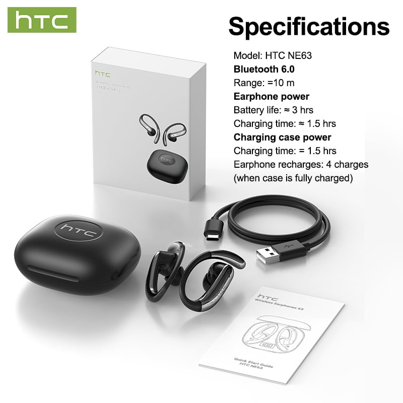 HTC NE63 Wireless Bluetooth 6.0 Open In Ear Earbuds, AI Translator, Noise-Cancelling Headphones, 130+ Languages, 30H,Black