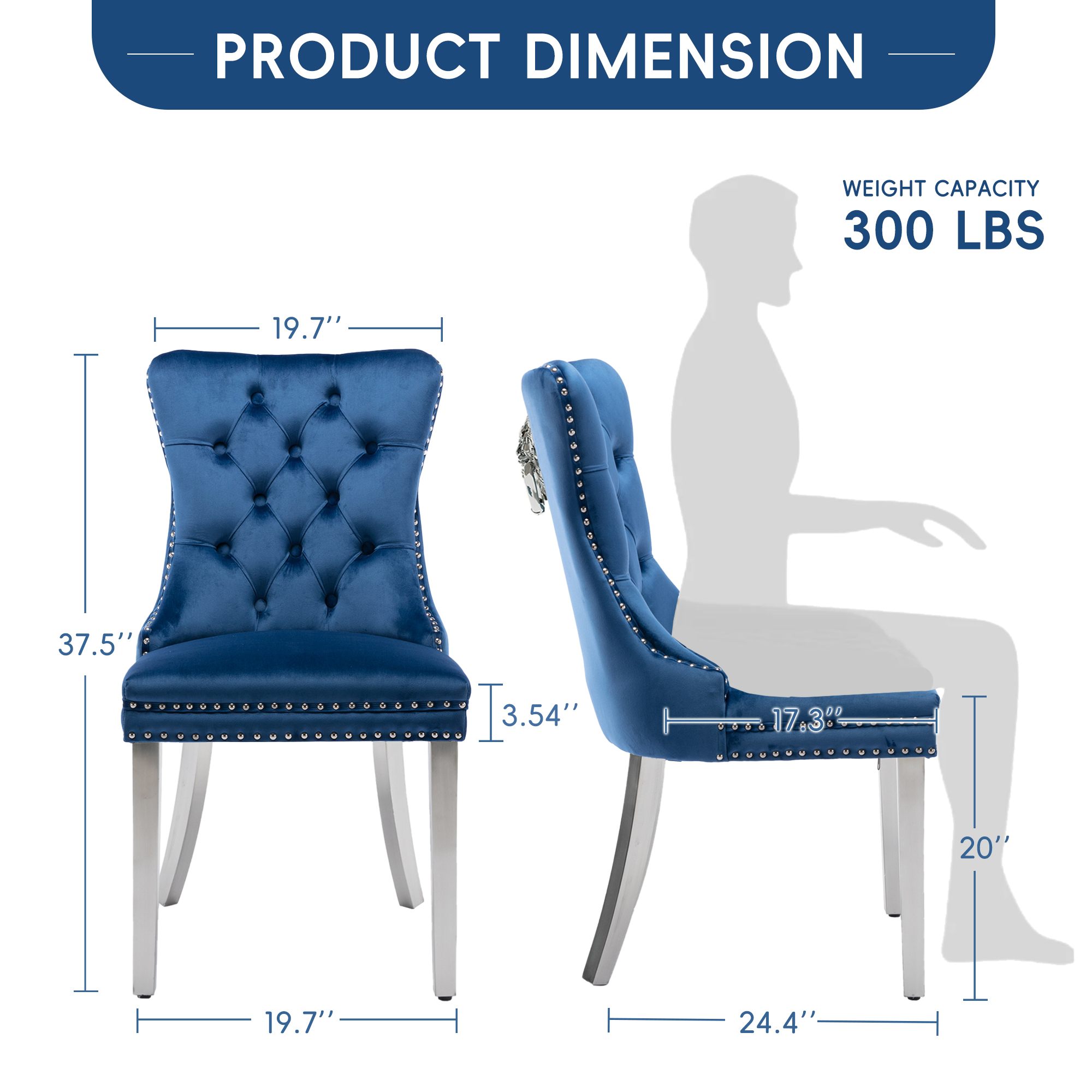 DONICK Velvet Upholstered Dining Chairs,Wing Back Side Chair Tuft Nailhead Ring Pull Metal Legs(Blue,Silver Legs,Set of 2)