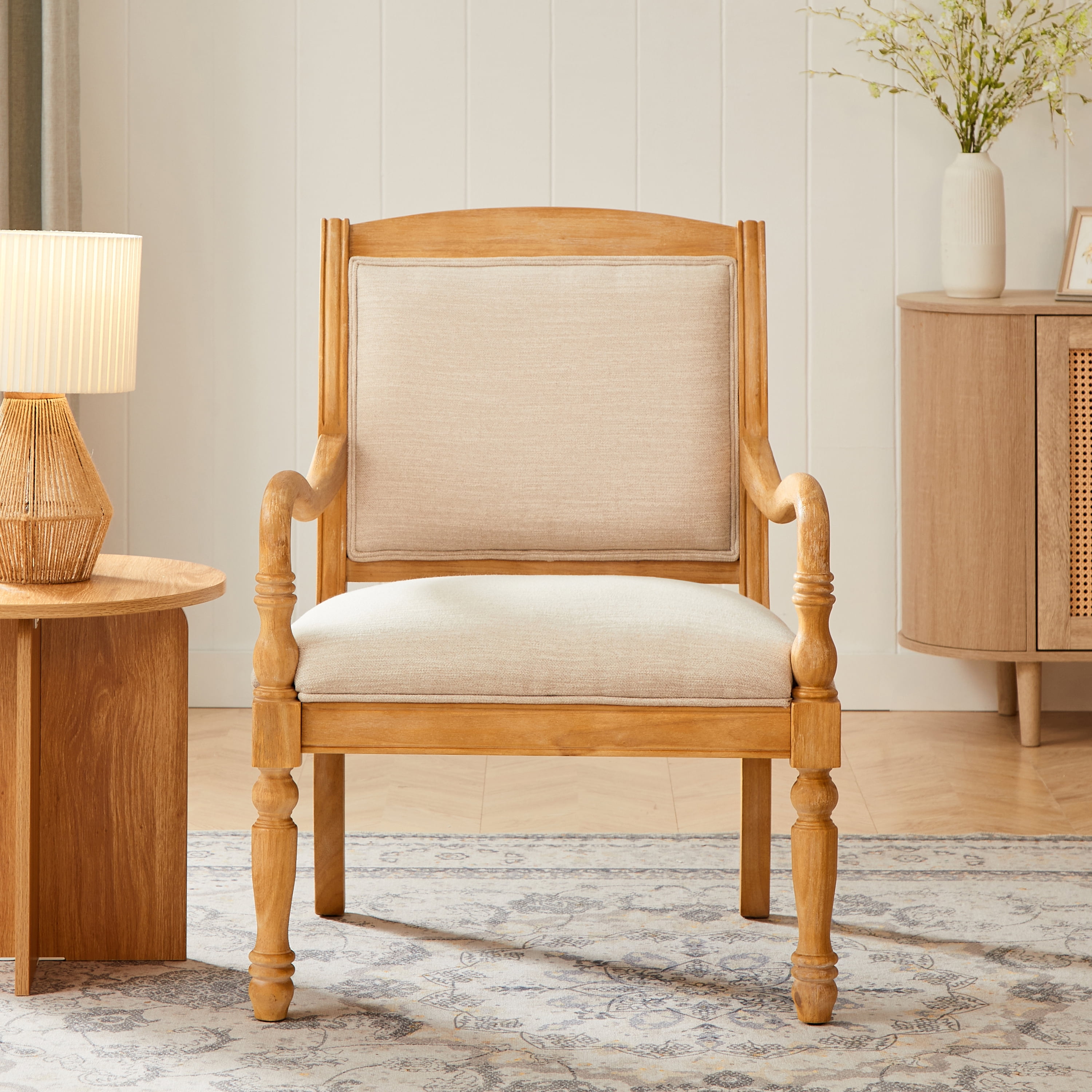 GARITIN Vintage Accent Chair 28.5 Inch, Upholstered Armchair with Solid Wood Frame and Spindle Legs for Living Room, Beige and Natural