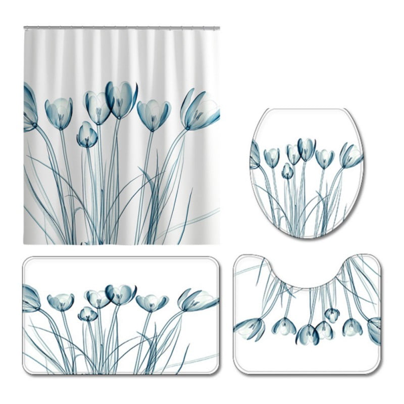 Multi-Style 4PCS Ocean Shower Curtain Set with Rugs,Bathroom Shower Curtain, Non-Slip Bathroom Mat Toilet Rug Bath Mat, Polyester Waterproof Bath Curtain 4PCS Set