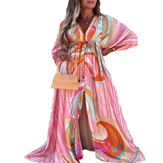 POINTERTECK Women Summer Flower Print Loose Fit V Neck Button High Split Long Dress