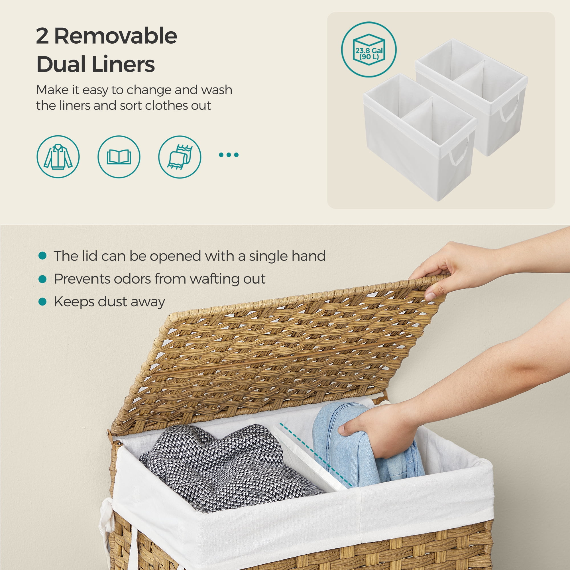 LEDREM Double-Section Laundry Hamper with Lid - 90L Capacity, 2 Removable Washable Liners, 6 Mesh Bags, Steel Frame & Wicker for Bathroom, Natural