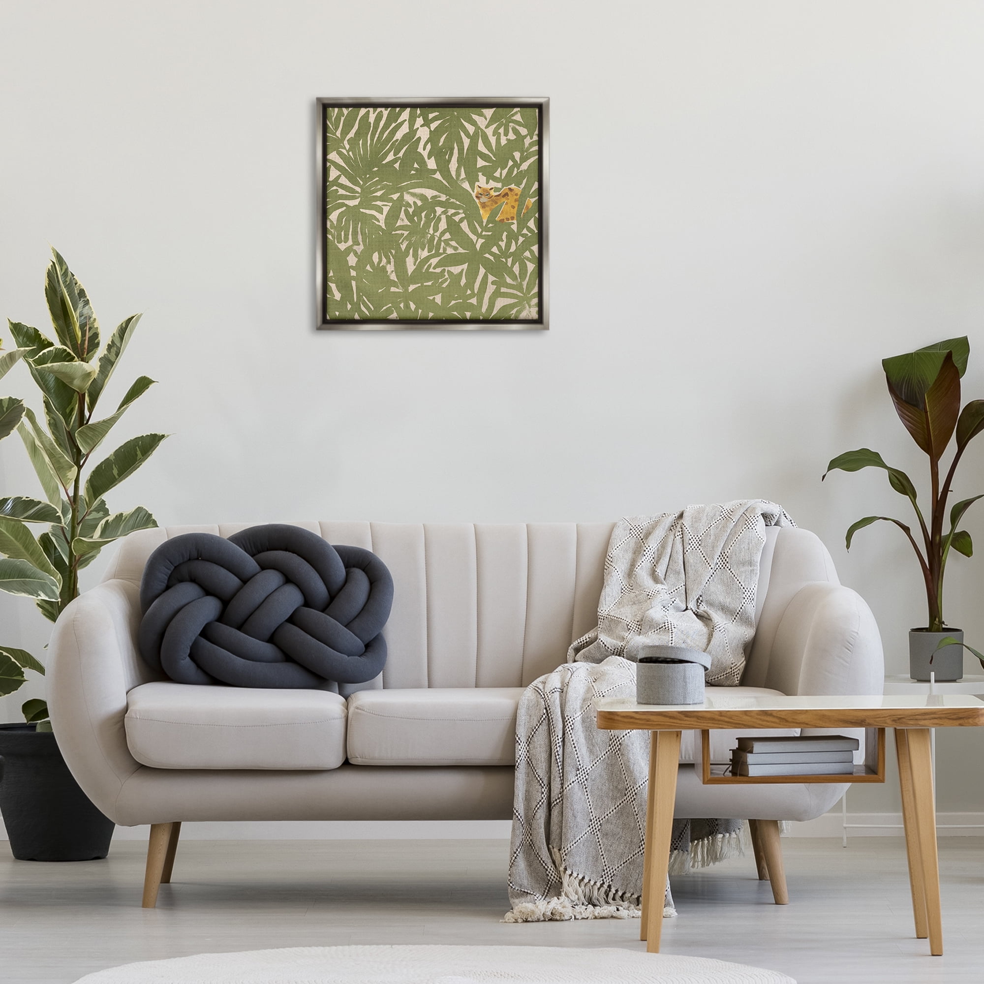Stupell Industries Hiding Cheetah Palm Plants Botanical & Floral Painting Gray Floater Framed Canvas Art Print Wall Art, 25 x 25