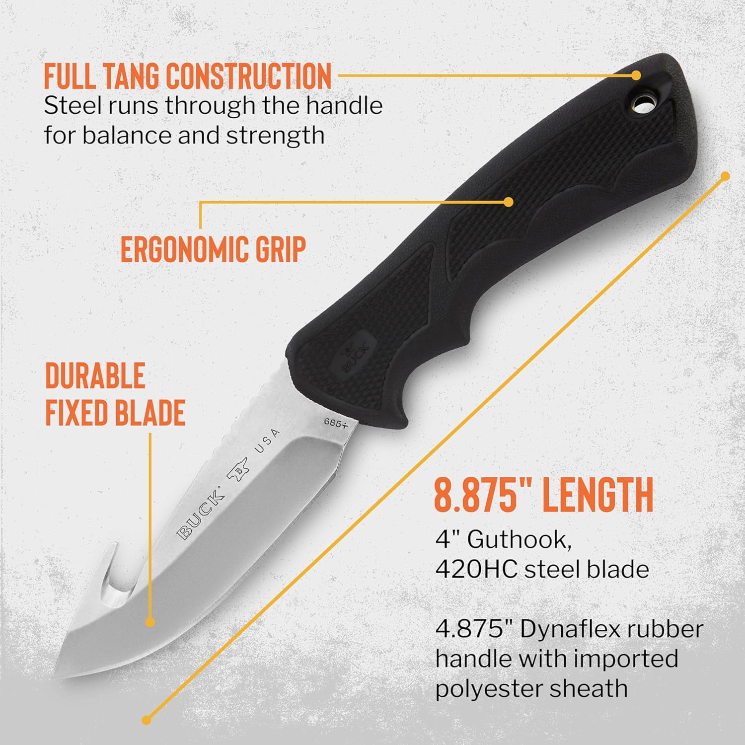Buck Knives 685 Large BuckLite Max II Guthook Hunting Knife, 4" Fixed Blade, Rubber Handle, 4.7 oz