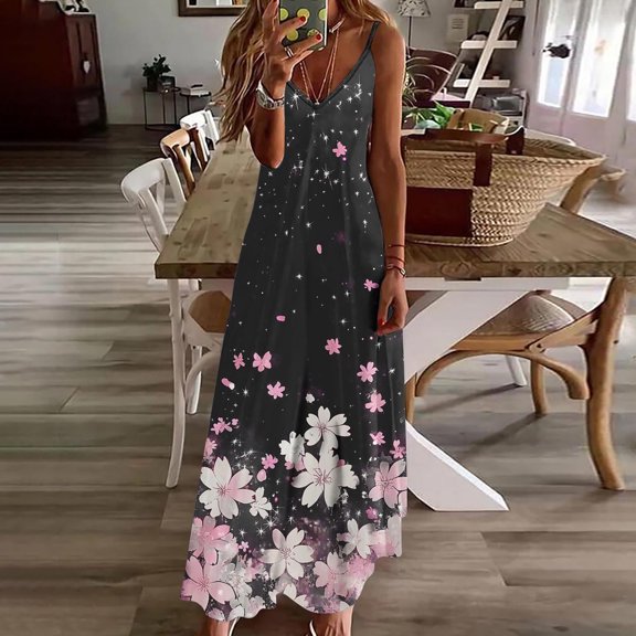 Vetsdori Sleeveless Maxi Dresses for Women Sundress Floral Slip Dress Casual V-Neck Summer Tank,Black Beach Juniors Dress Vacation