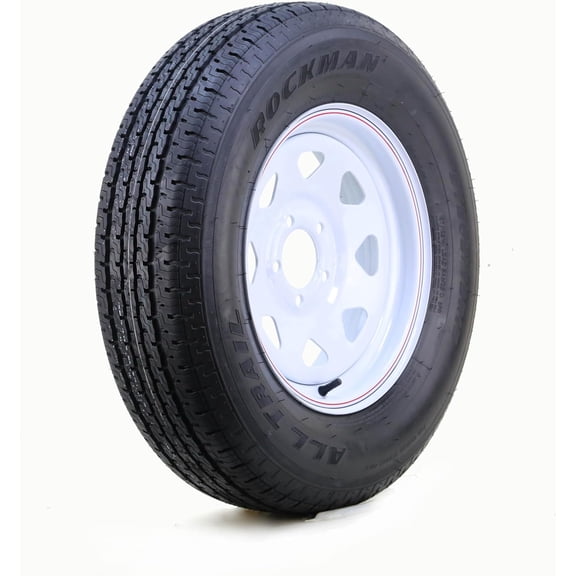 ROCKMAN Trailer Tire Wheel Assembly ST205/75R15 8-Ply D 107M 5 Lug on 4.5" PCD White Spoke Rim
