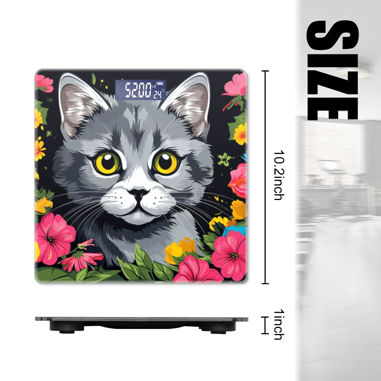 Bathroom Scale, Highly Accurate Digital Body Scale,Precisely Measures Weight up to 400 lbs-Gray Cat With Yellow Eyes Surrounded By Flowers