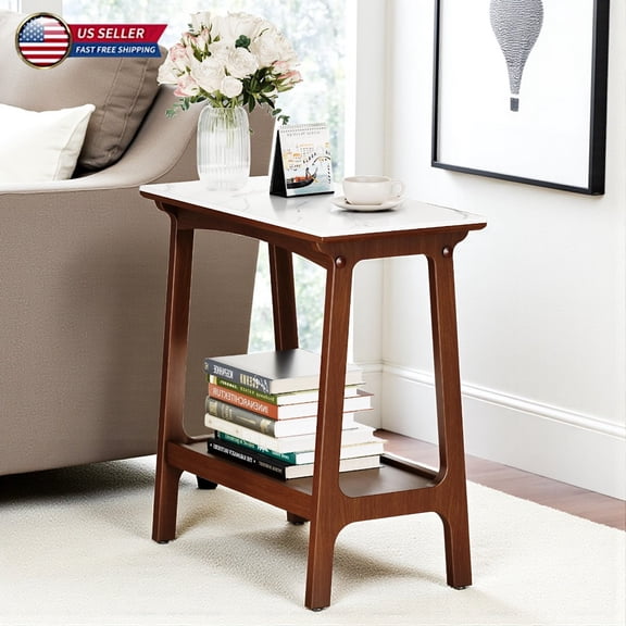 Hassch Retro Wooden End Table, 2-Tier Narrow Side Table with Storage Shelf and Rock Slab Top, Slim Bedside Table for Living Room, Bedroom, or Entryway, Walnut Finish