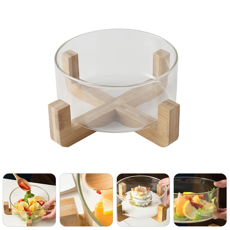 食器  Glass Bowl Set with Stand Creative Glass Salad Bowl with Wood Stand for Snacks and Fruits