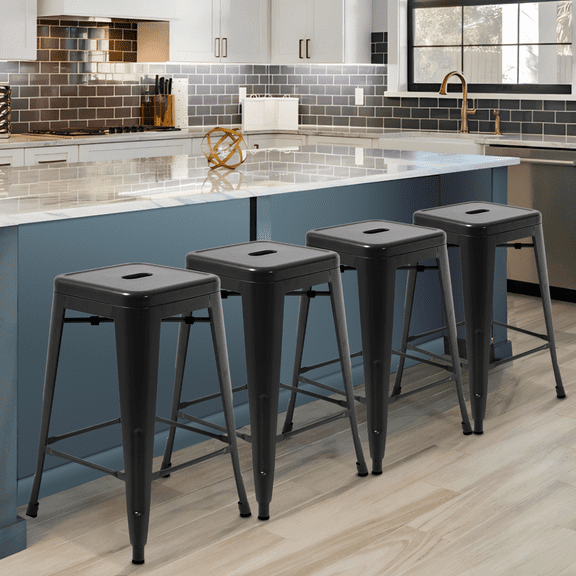 XF XINFENG 24 inch Metal Bar Stools Set of 4, Backless Stackable Outdoor Kitchen Counter Stool with Rubber Footpads, Black