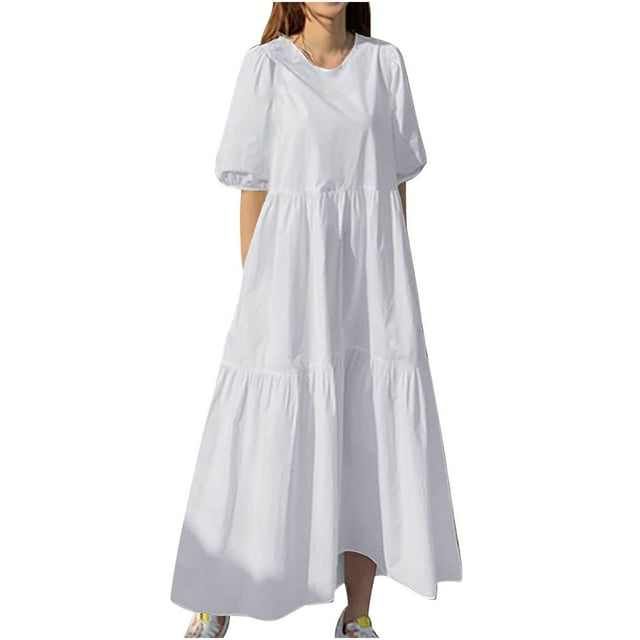 Robes Décontractées pour Femmes Col Rond Manches Courtes à Volants à Étages Longue Robe Unie Confortable d'Été Fluide Grande Taille