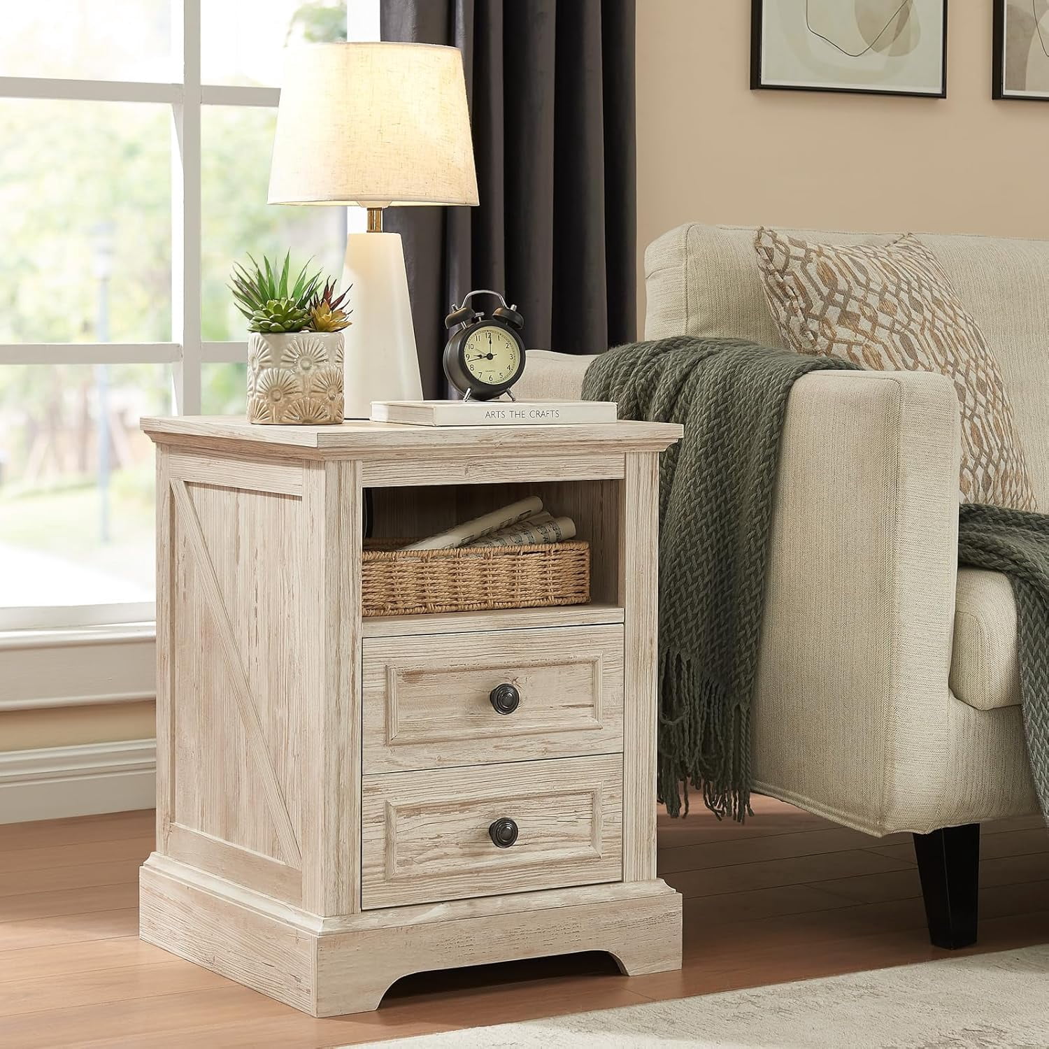 Vecenuy Nightstand with Charging Station,nd Table, Side Table with 2 Drawers Storage Cabinet for Bedroom, Living Room,18" Retro Bedside Table, Washed Gray