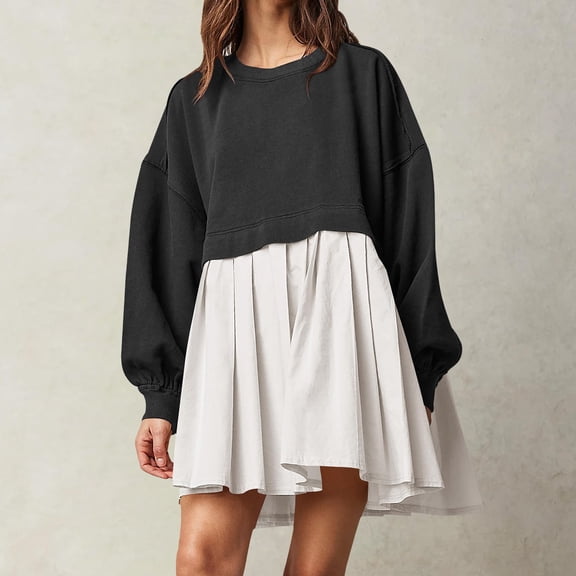 ZHOGXU Women's Oversized Sweatshirt Dress Long Sleeve Round Neck Color Block Fashion Comfortable Mini Dresses For Casual Daily Wear,Black,L