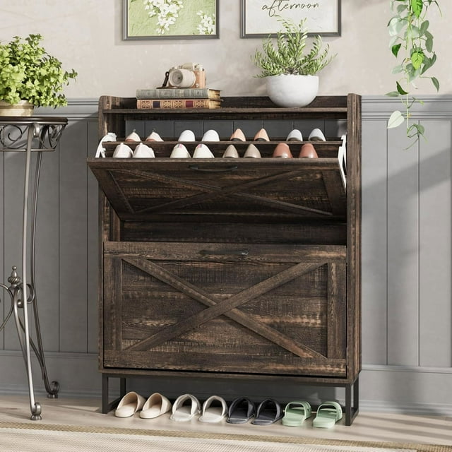 VEANERWOOD Armoire à Chaussures Moderne avec 4 Portes Rabattables et Étagère de Rangement Réglable pour Couloir et Entrée, Étagère à Chaussures Autoportante Étroite avec Tablette Ouverte, Brun Foncé