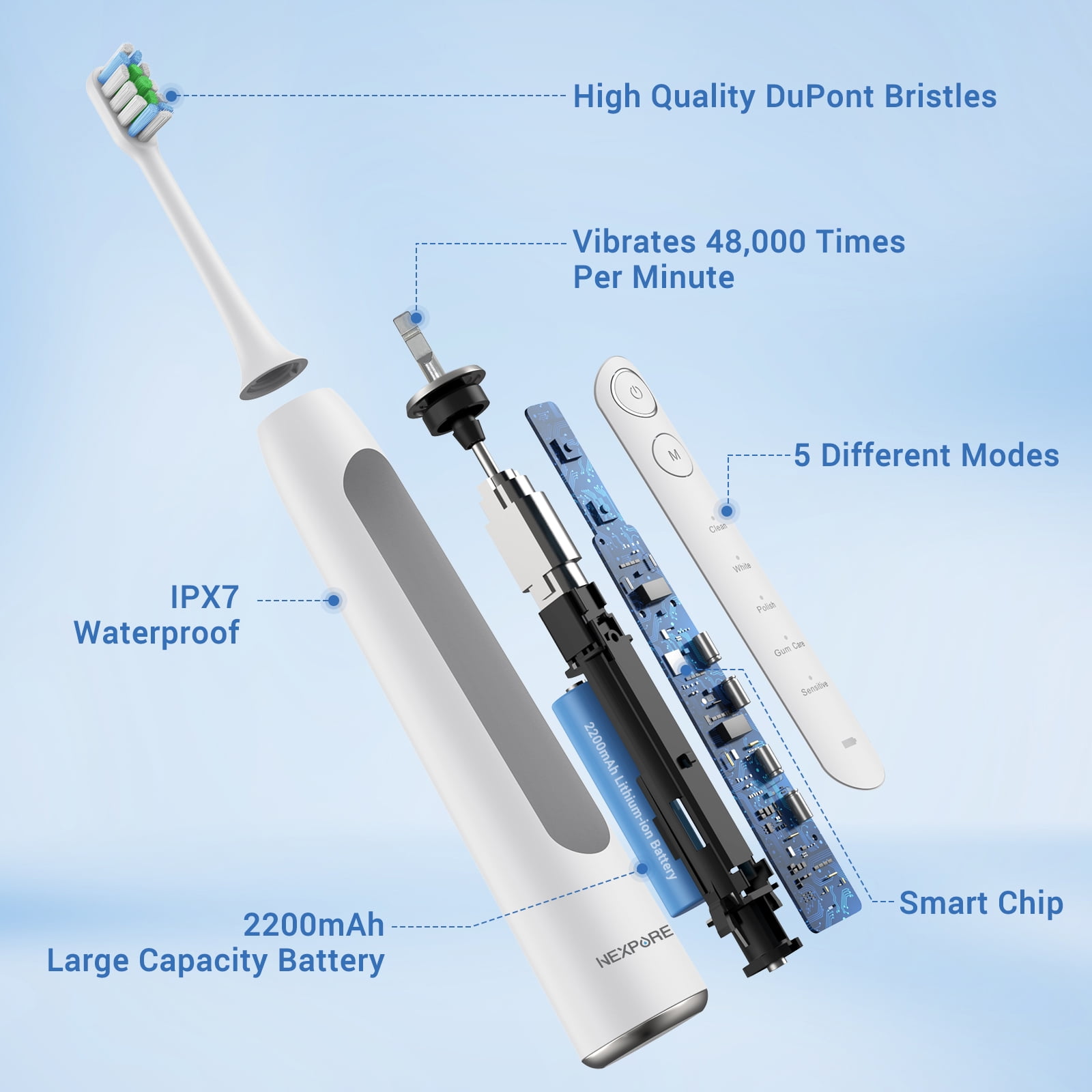 Nexpure Sonic Electric Toothbrush for Adults, Deep Clean & Gum Care, 60 Day Battery, 4 Brush Heads, 5 Cleaning Modes, Smart Timer