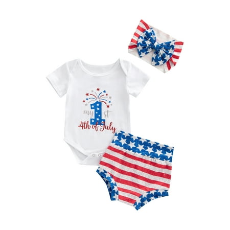 

TheFound My 1st 4th of July Newborn Baby Boy Girl Short Sleeve Bodysuit Tops Shorts Headband 3PCS Independence Day Clothes