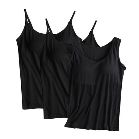 qolati 3 Pack Built-in Bra Tank Tops for Women Soft thin Adjustable Spaghetti Strap Camisole Undershirt Sleeveless Padded Active Strap Workout Shelf Bra Tank Top Summer Clearance Black XXL