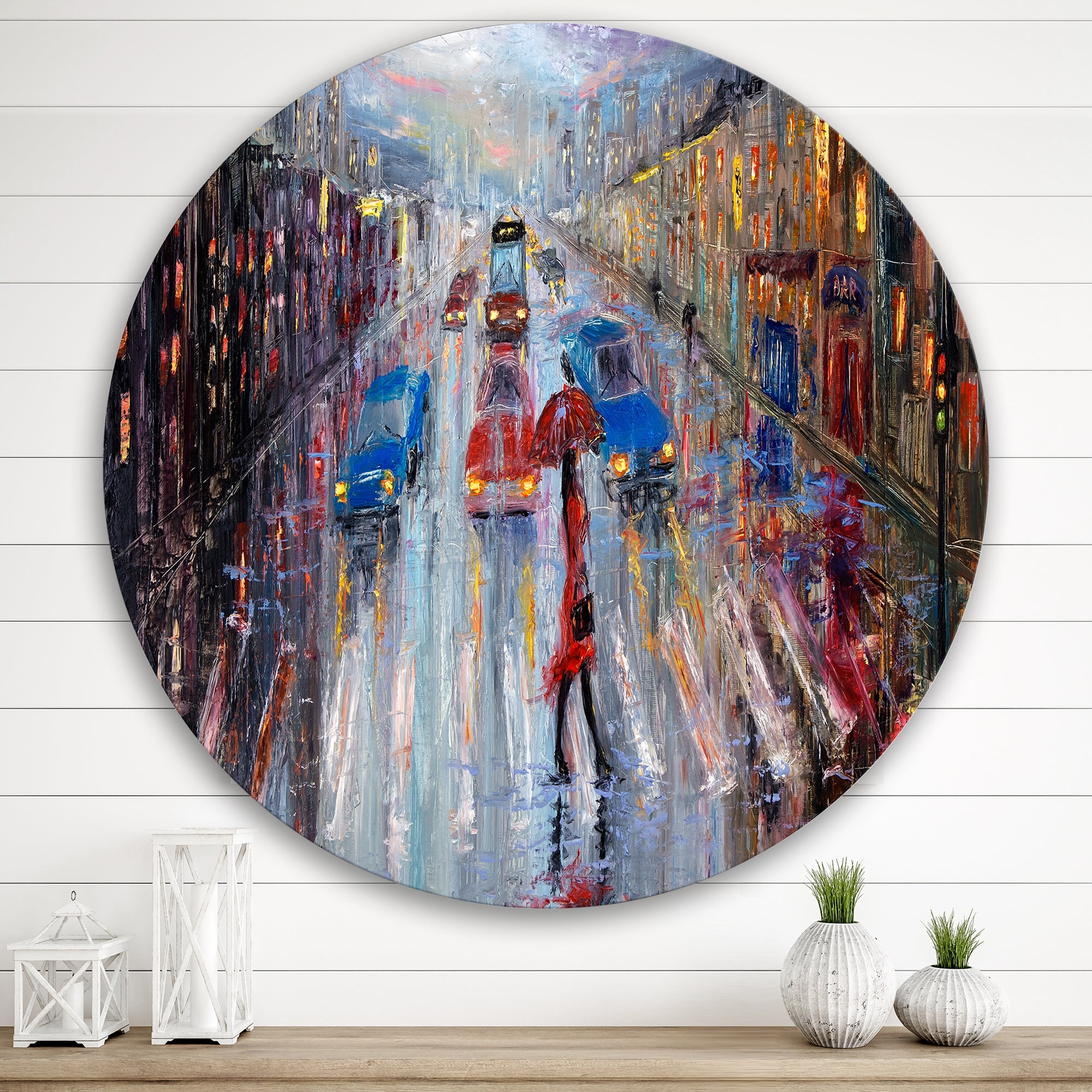 Designart 'Girl In Red Crossing The Street' Traditional Circle Metal Wall Art 36x36 - Disc of 36