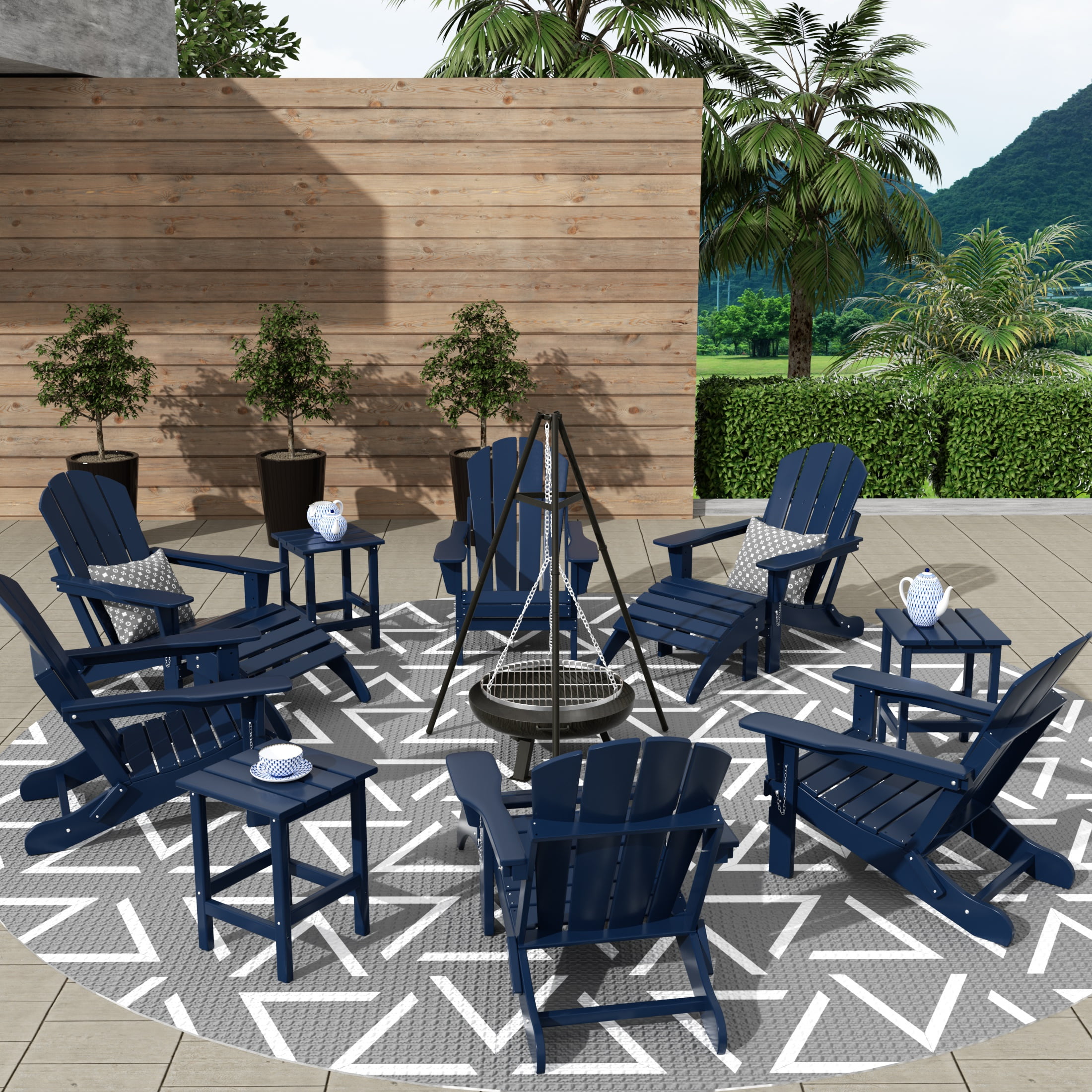 WestinTrends Malibu 12 Piece Adirondack Chairs Set, All Weather Poly Lumber Outdoor Patio Furniture Set Adirondack Chairs with Ottoman and Side Table, Navy Blue