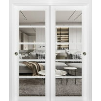 Sliding Closet Bypass Doors | Quadro 4522 White Silk with Clear Glass | Sturdy Rails Moldings Trims Hardware Set | Wood Solid Bedroom Wardrobe Doors -64" x 96" (2* 32x96)-Clear Glass