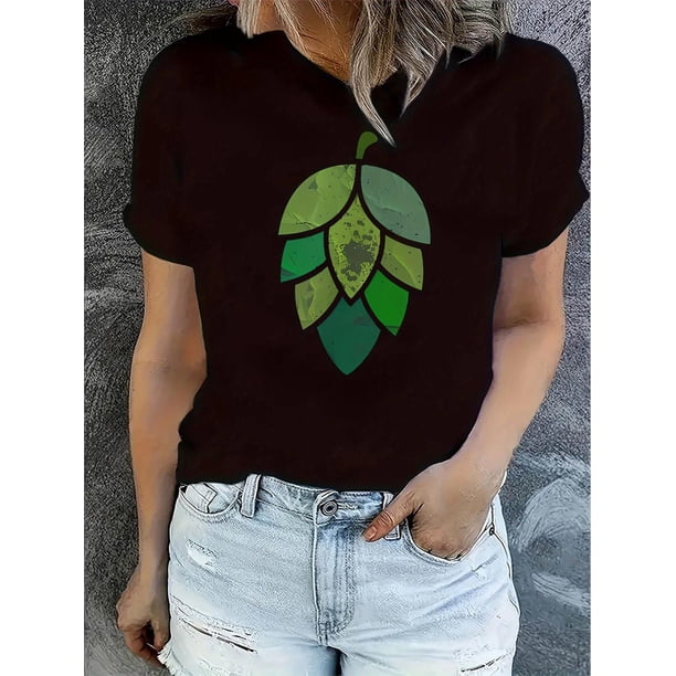 Women's Distressed Leaf Print T-Shirt - Casual Crew Neck Short Sleeve, Comfortable Summer Top, Polyester Blend, Machine Washable, All-Season Wear, Casual Summer Top | Trendy Casual Style | Stretchabl