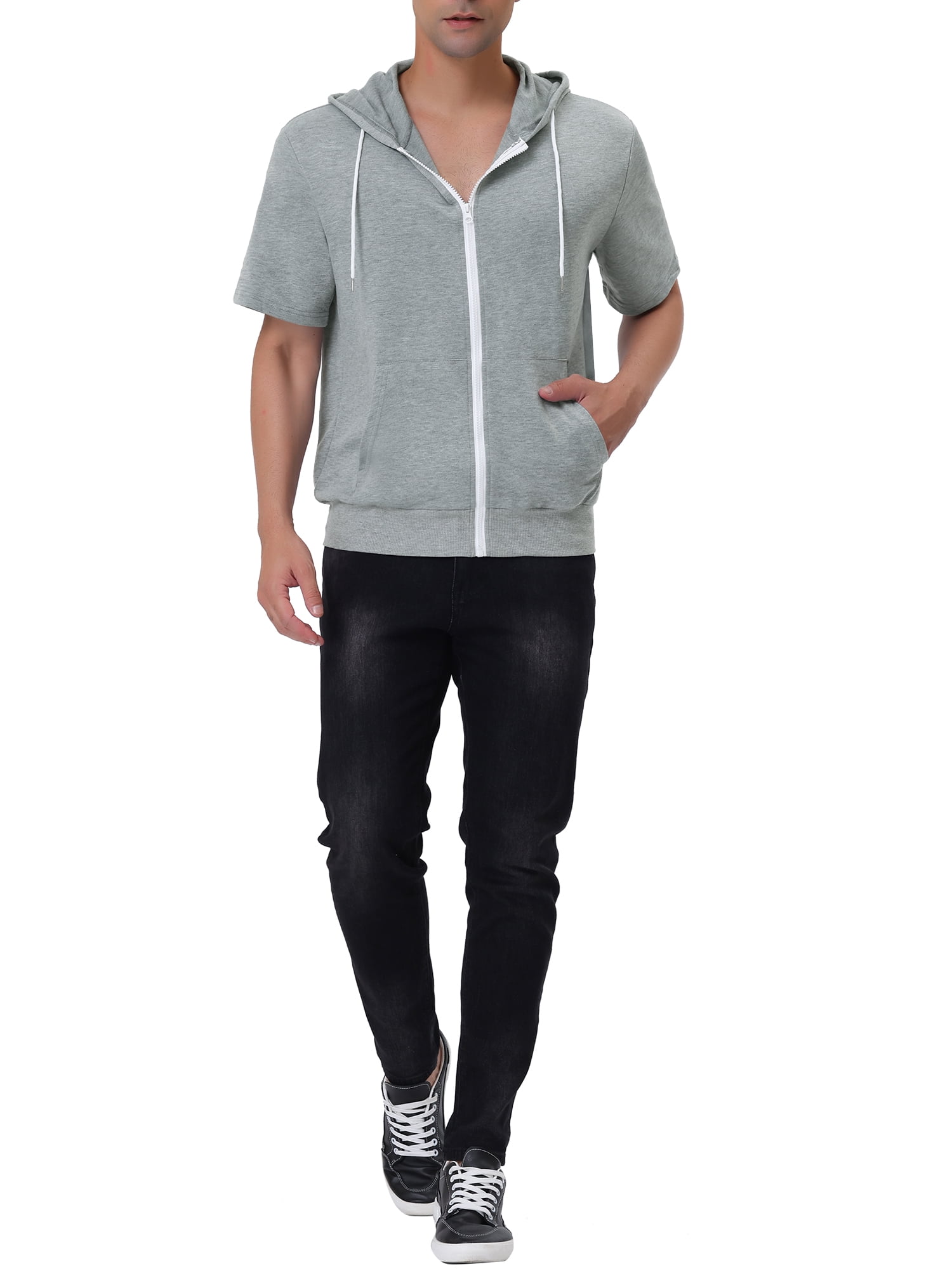 Unique Bargains Men's Short Sleeve Solid Color Zip Up Sport Hoodies L Gray