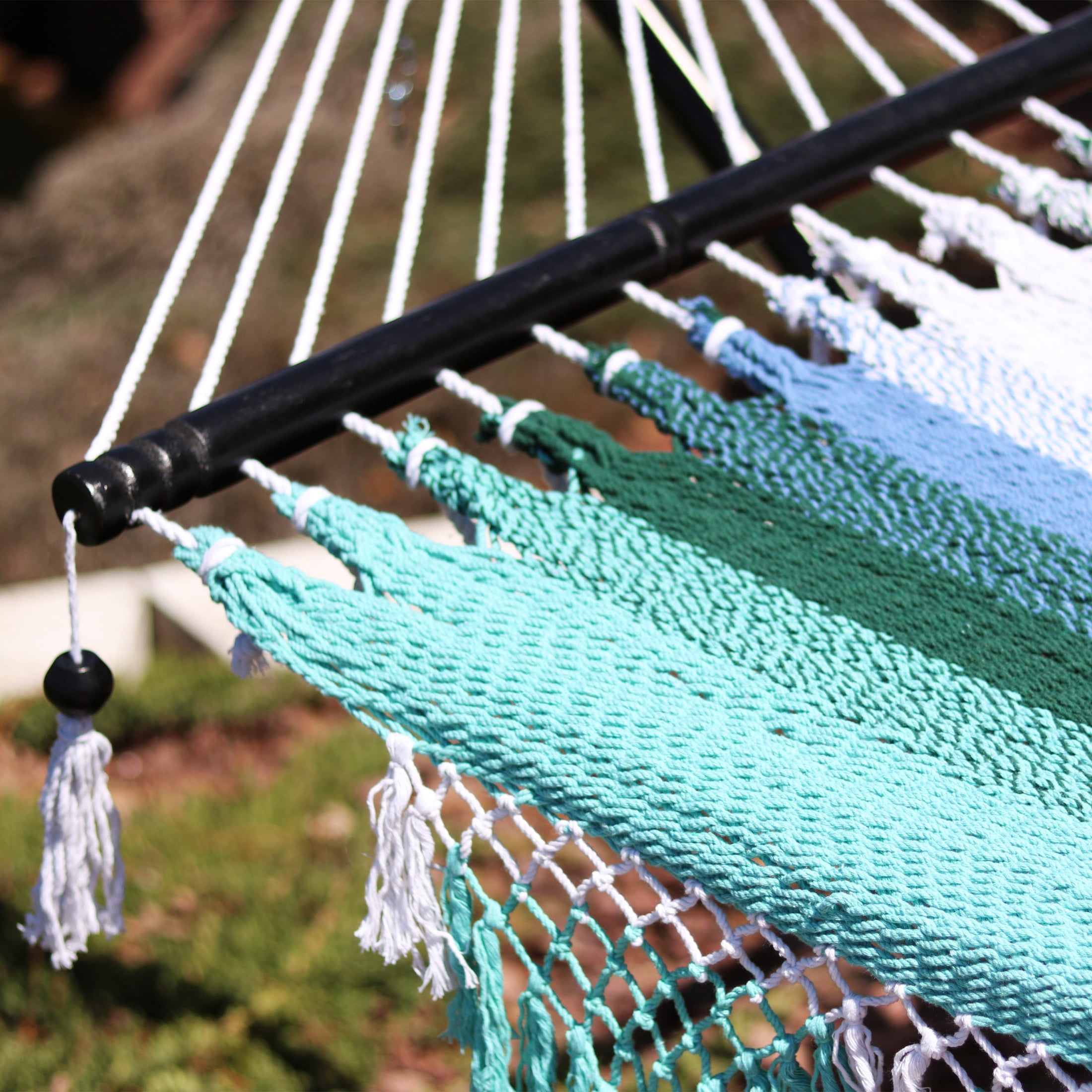 Sunnydaze 2-Person Quilted Polyester Spreader Bar Hammock, 600 lb Capacity - Lagoon Stripes
