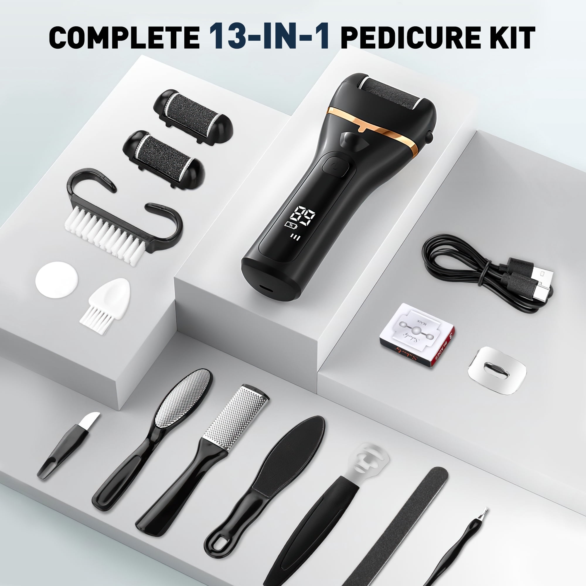 GPED 18 in 1 Electric Foot Callus Remover, Waterproof Callus Remover for Feet W/ 3 Speed, Rechargeable Foot Scrubber Kit W/ 3 Roller Heads,Professional Pedicure Tools & Foot File for Dry & Crack Skin