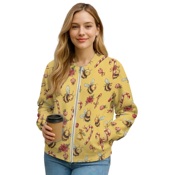 DISNIMO Bee Floral Printed Sweatshirts for Women Zip Up Jackets V Neck Outwear Long Sleeve Sweatshirt Jacket for Women, S