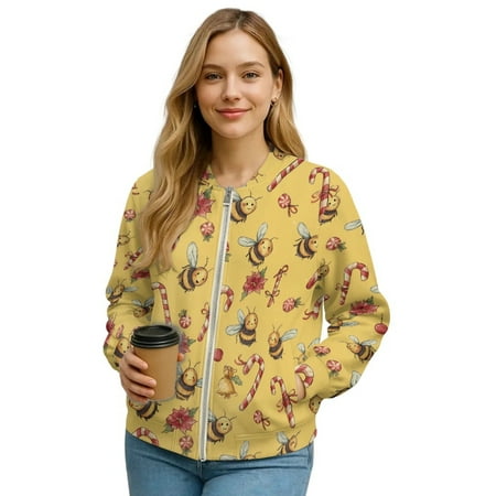 DISNIMO Bee Floral Printed Sweatshirts for Women Zip Up Jackets V Neck Outwear Long Sleeve Sweatshirt Jacket for Women S