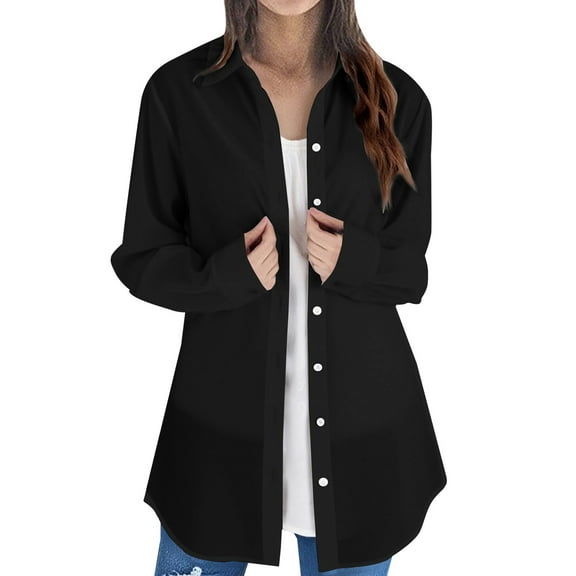 ZJXFGS Button Down Shirt Jackets for Women Basic Work Office Casual Tops Women Long Sleeve Plain Tops Plus Size Shirts Blouses Tops Black L