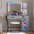 thumbnail image 3 of Gurexl Vanity with Mirror and LED Lights, Glass Top Vanity Desk with Charging Station(Wireless+USB+Type-C), RGB Makeup Table Set with Stool/Makeup Organizer/6 Drawers, Grey, 3 of 8