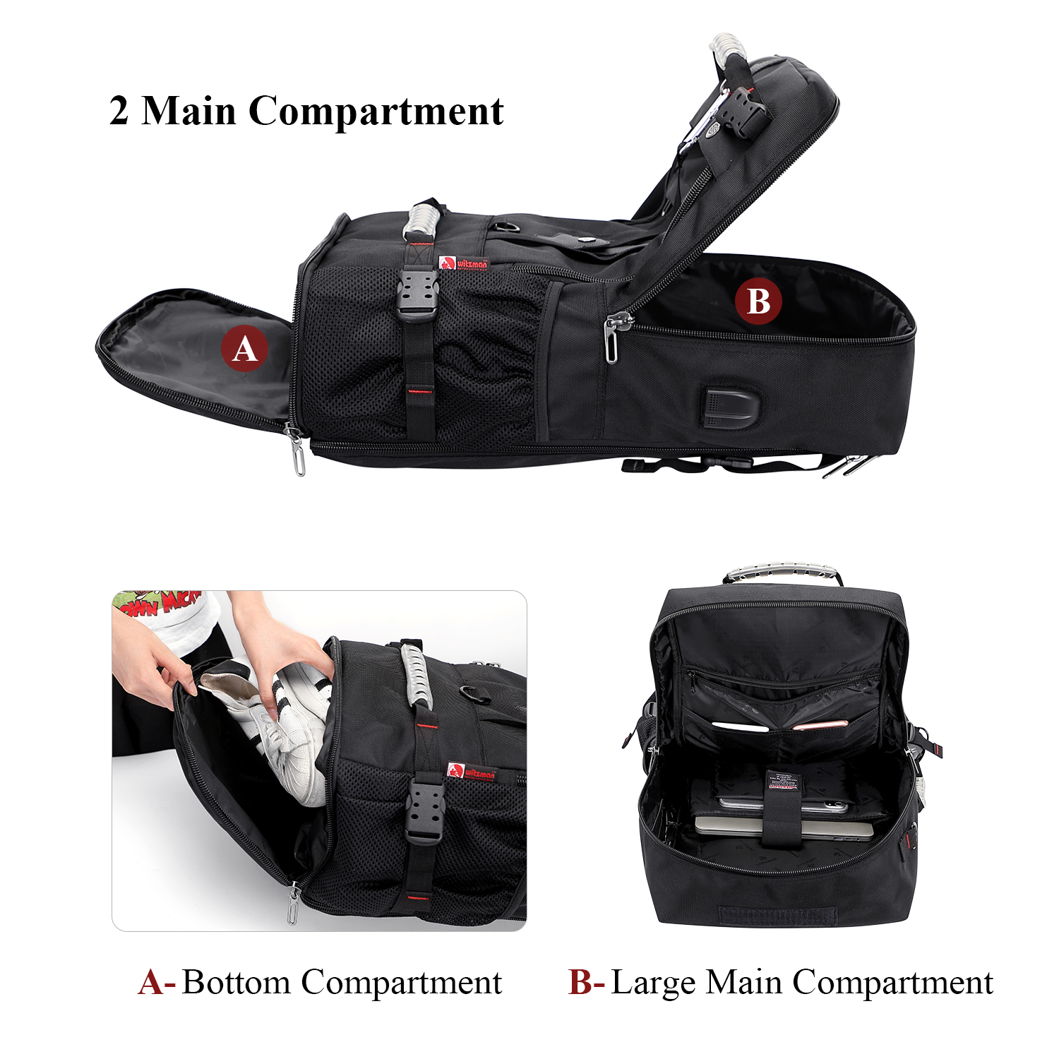 WITZMAN Carry on Nylon Travel Backpack for Men Convertible Large Duffle Luggage Bags for Airplane fit 18 inch Laptop B681 Black