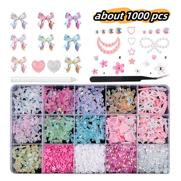 1000 Pcs 3D Bow Heart Star Nail Accessories,Jademall Nail Art Rhinestones Flatback Pearl Nail Beads Flowers Multi Shape Nail Decorations for Manicure DIY Nail Art Supplies Craft Embellishment