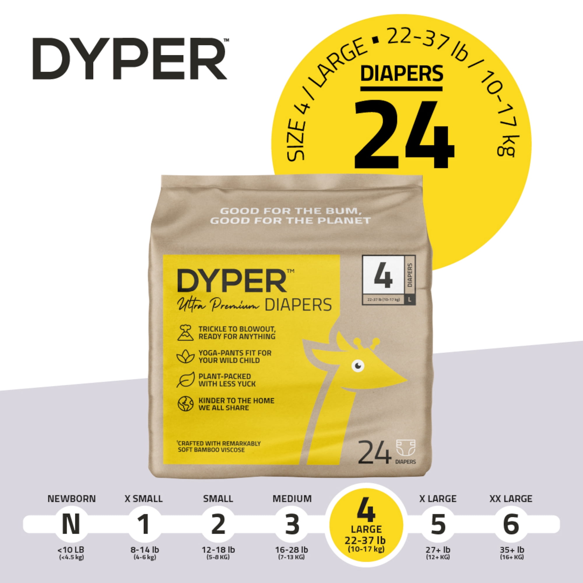 DYPER Ultra Premium Diapers Size 4, 24 Diapers (Select For More Options)