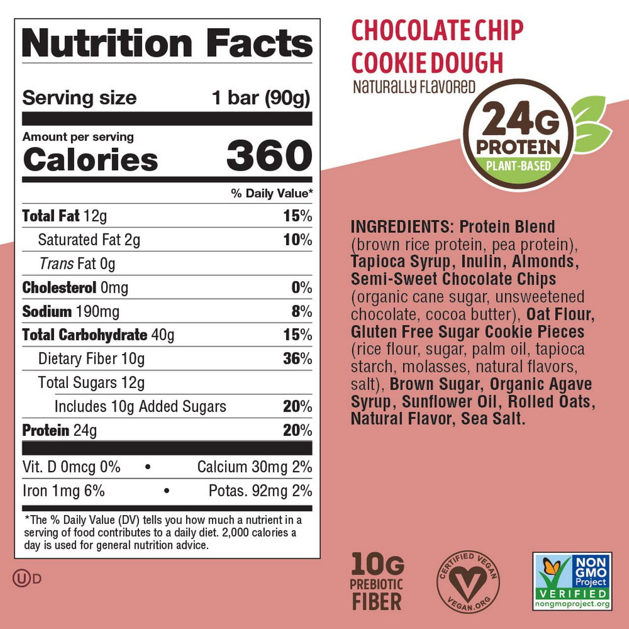 Cookie-fied Big Bar Chocolate Chip Cookie Dough, Plant-Based Protein Bar, Gluten-Free, Vegan and Non-GMO, 12 Count