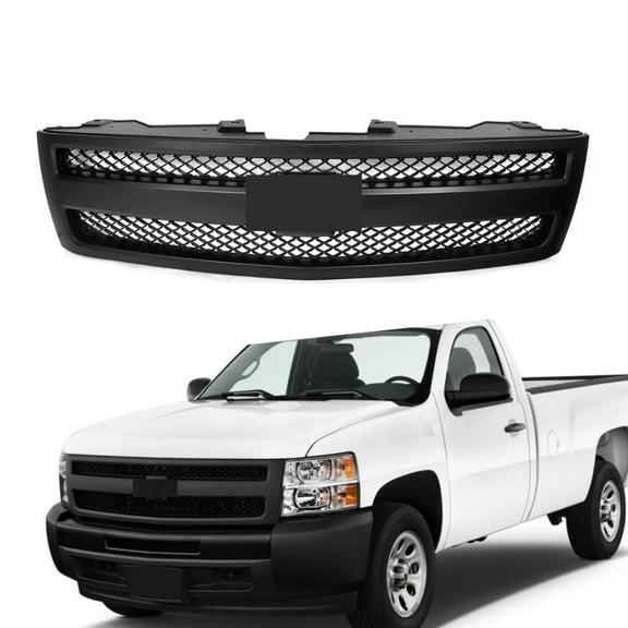 ONEPI Front Grill Matte Black W/Black Mesh Compatible with Chevy Silverado 1500 2007-2013 Models, No Emblem