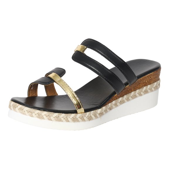 Rokment Women's Metallic Platform Wedge Dress Slides Sandals 2026 Summer Trendy Casual Leather Espadrilles Memory Foam Chunky Slip on High Heels for Ladies Black Size 6