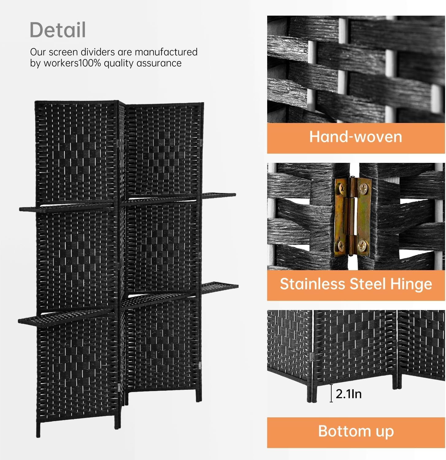 Dkelincs 71 inch Wooden Room Dividers 4 Panel Portable Folding Privacy Screen with Shelves, Black