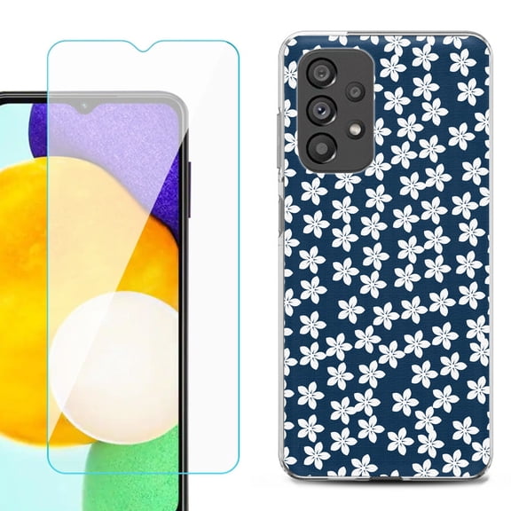Slim-Fit Gel TPU Phone Case for Samsung Galaxy A23 5G, with Tempered Glass Screen Protector, by OneToughShield ® - Flower/Blue