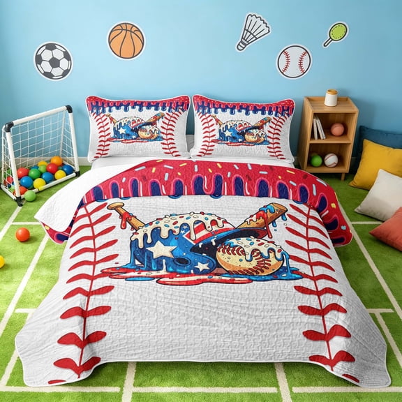 Manfei Cartoon Baseball Twin Quilt Set, Kawaii Sport Twin Coverlet Set, Red Blue White Multicolor, Navy Reversible 2-Piece, 1 Bedspread and 1 Pillowcase