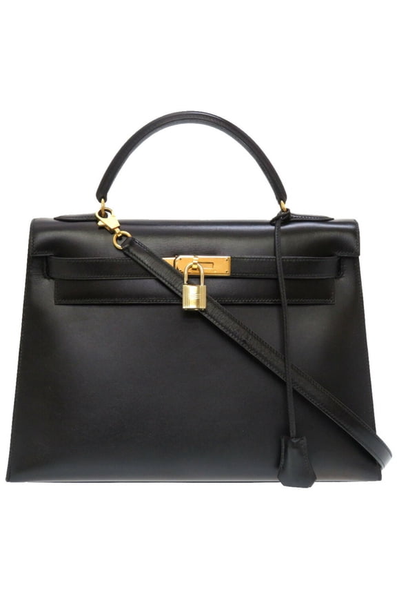 Pre-Owned Hermes Kelly 32 Outer stitching Box calf Black V stamp Handbag 0024... (Good)