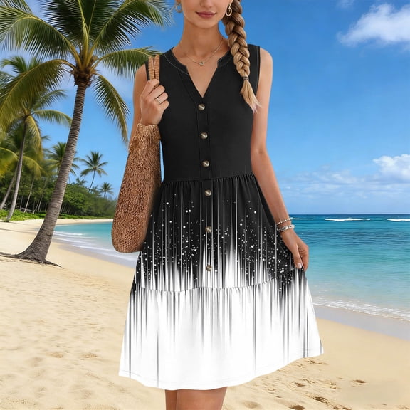 TaTaai Women Summer Random Print V-Neck Sleeveless Button Front Long Beach Dress Soft Breathable Casual Lightweight for Spring Summer Daily Vacation Outfit Gift