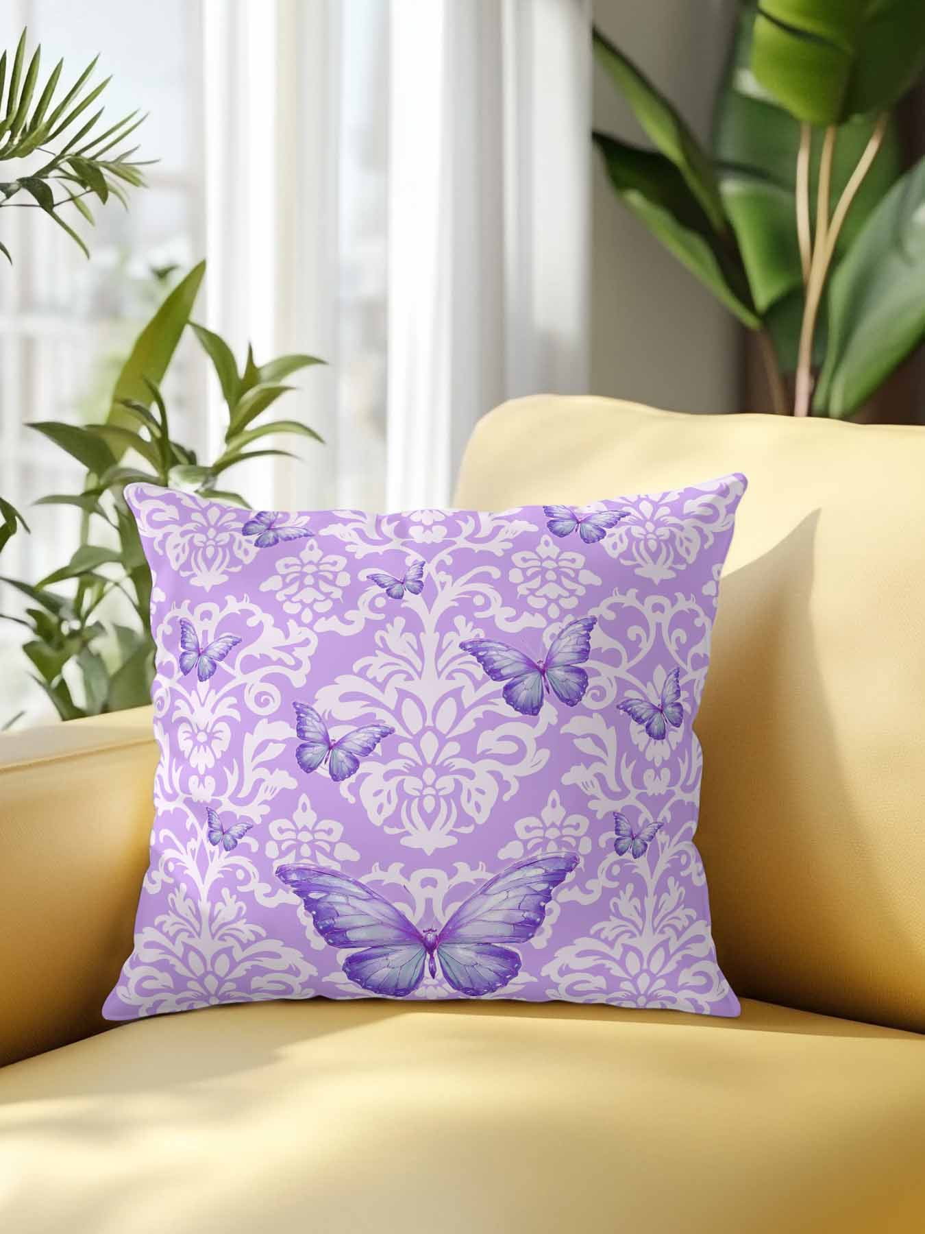 1 Pack Outdoor Throw Pillow, Purple Butterflies Flowers Waterproof Pillow with Insert Included, Boho Vintage Floral Botanical Decorative Accent Cushion Sofa Pillows for Patio Porch, 18 x 18 In
