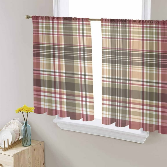 Buffalo Plaid Semi Sheer Curtains 45 Inch Length 2 Panels Set, Modern Farmhouse Colorful Checkered Sheer Kitchen Curtain Privacy Voile Window Curtain for Living Room Bedroom Rod Pocket Drapes
