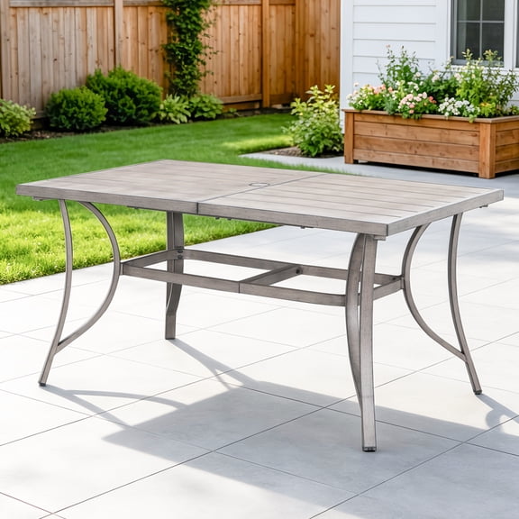 60" Outdoor Rectangle Dining Table for 6 with Umbrella Hole, Aluminum Sturdy Frame, Limed Oak