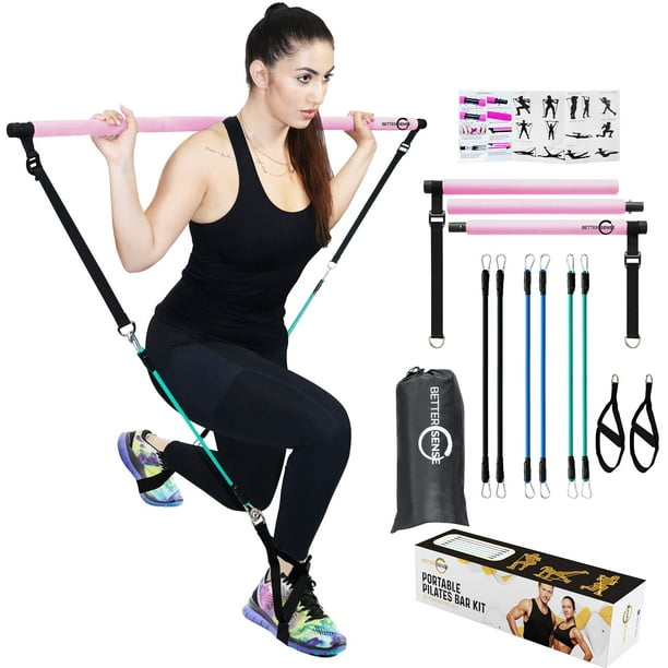 Upgraded Portable Pilates Bar Kit - Adjustable 46.5 Inches 3 Section Pilates  Bar with Resistance Bands 20, 30, 40 Lbs. Home Workout Equipment for Women  with 2 Foot Loops for Legs and Full Body (Pink) 