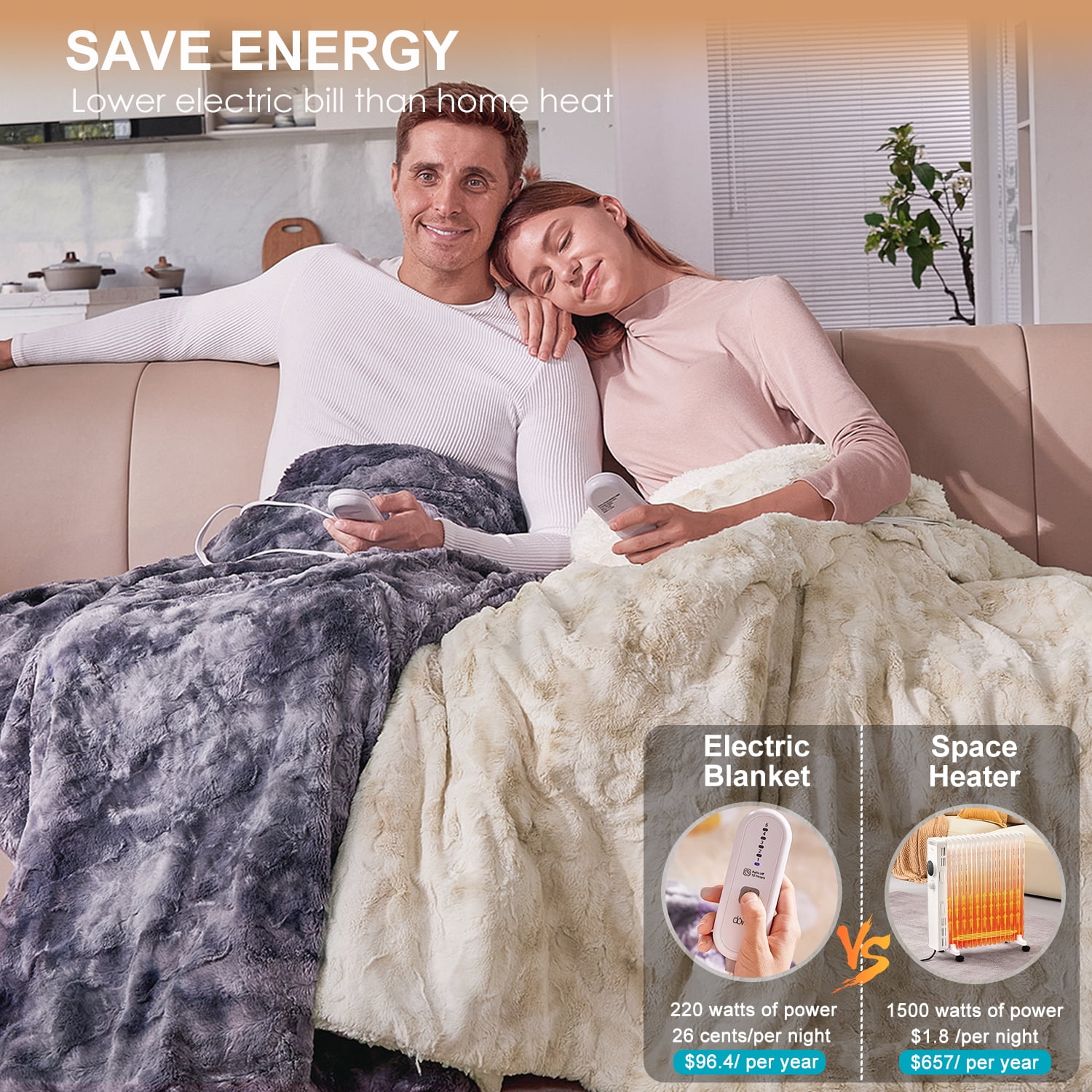 Dowin Faux Fur Heated Throw Blanket  50"x 60", Tie Dye Electric Blanket with 5 Fast Heating Levels & 4 Hrs Auto Off, ETL&FCC Certification, Home Office Use, Beige